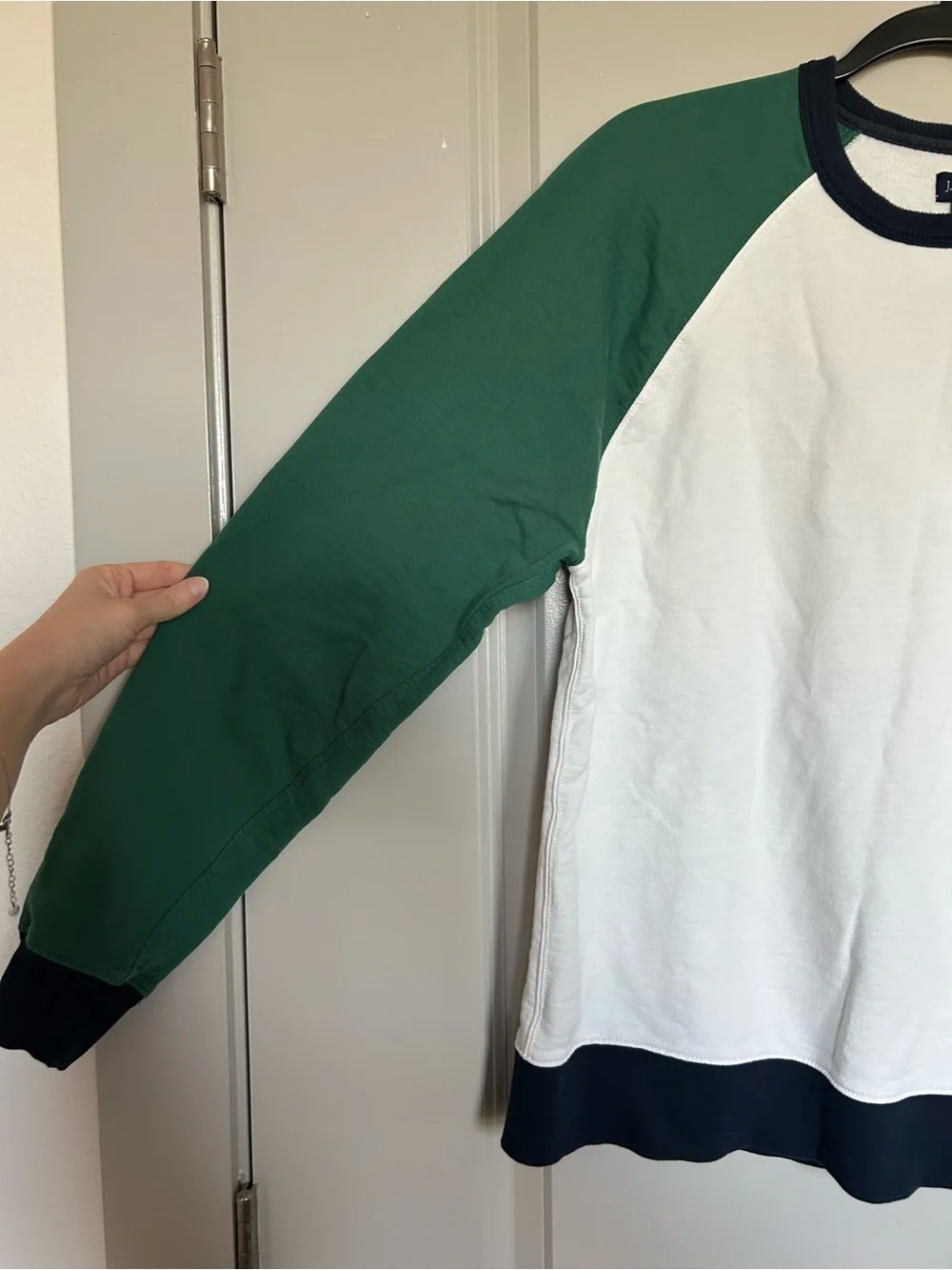 J. Crew White Pullover with Green Sleeves and Navy Trim